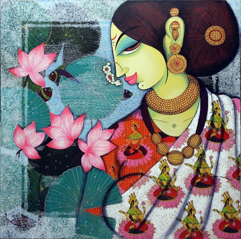 Figurative acrylic painting titled 'Lakshmi', 36x36 inches, by artist Varsha Kharatamal on Canvas