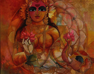 Religious acrylic painting titled 'Lakshmi', 30x24 inches, by artist N P Rajeshwarr on Canvas