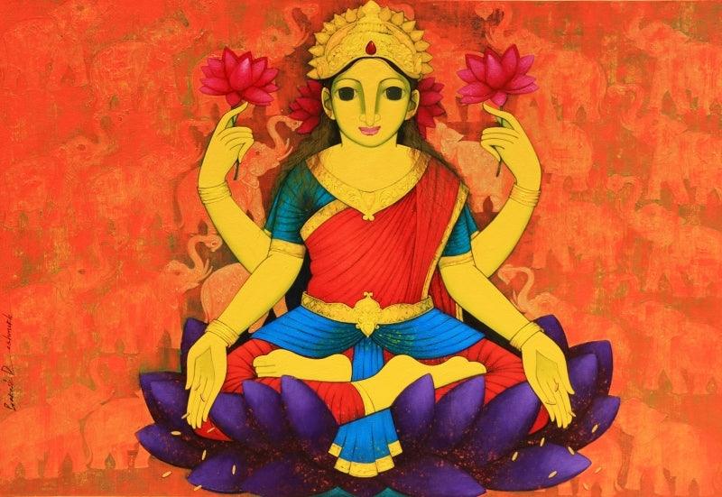 Religious acrylic painting titled 'Lakshmi', 42x62 inches, by artist Prakash Deshmukh on Canvas