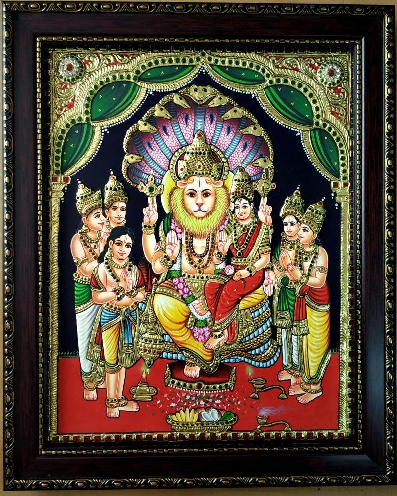 Religious tanjore traditional art titled 'Lakshmi Narasimha Tanjore Painting', 20x16 inches, by artist VANI VIJAY on Plywood
