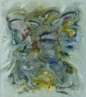 Religious oil painting titled 'Lambodara', 34x30 inches, by artist S G Vasudev on Canvas