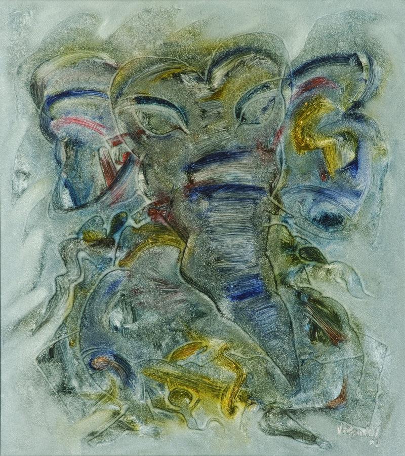 Religious oil painting titled 'Lambodara', 34x30 inches, by artist S G Vasudev on Canvas