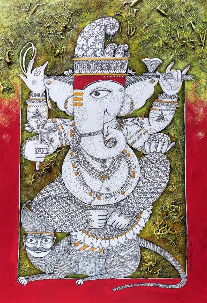 Religious acrylic ink painting titled 'Lambodara', 17x12 inches, by artist Samik De on Paper