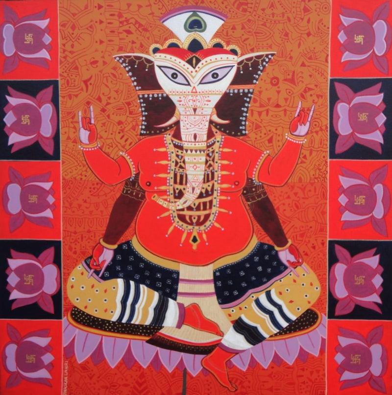 Religious acrylic painting titled 'Lambodara', 30x30 inches, by artist Bhaskar Lahiri on Canvas