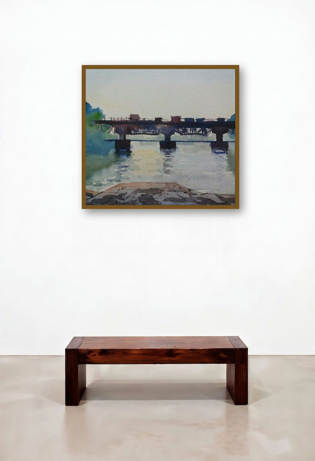 Landscape 1 (Bridge Reflection Watercolor Painting) by artist Surendra Jagtap displayed in a Mid-Century Modern Hallway