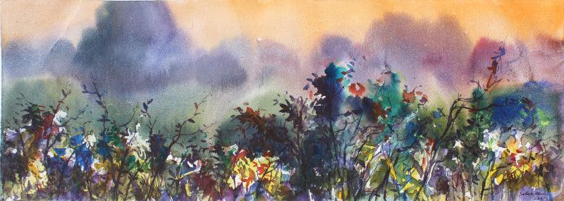 Nature watercolor painting titled 'Landscape 1', 10x29 inches, by artist Sadek Ahmed on Paper