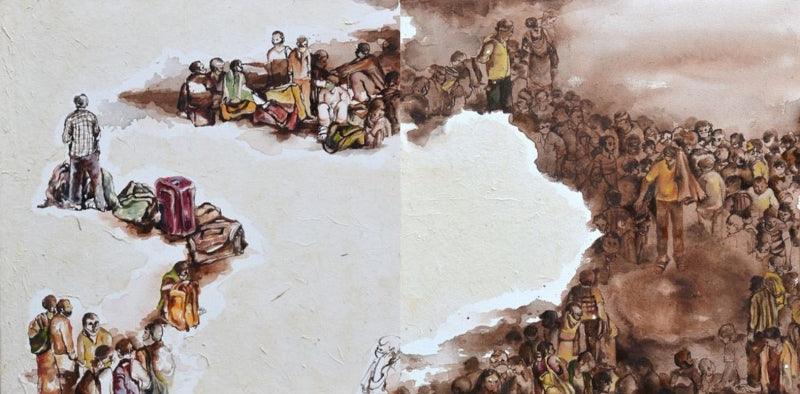 Figurative mixed media painting titled 'Landscape 1', 20x40 inches, by artist Raka Panda on Canvas