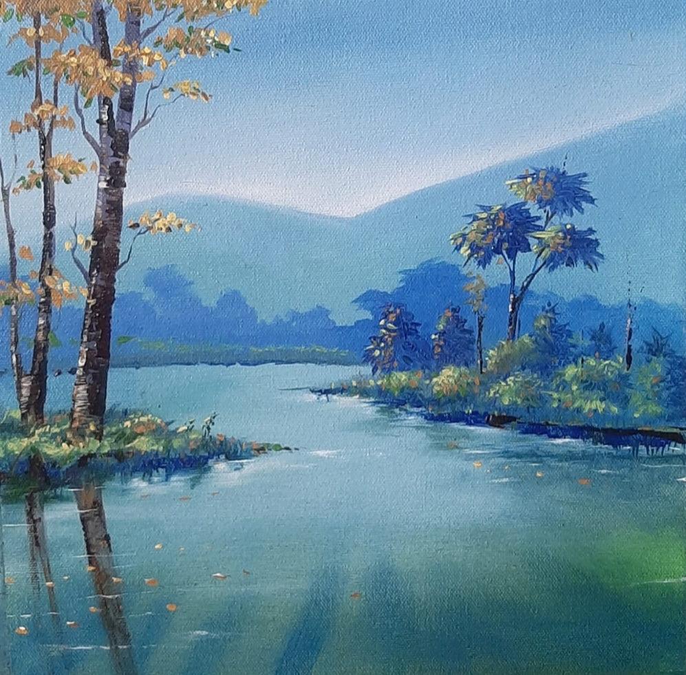 Landscape oil painting titled 'Landscape 1', 12x12 inches, by artist Shankar Zunjarrao on Canvas
