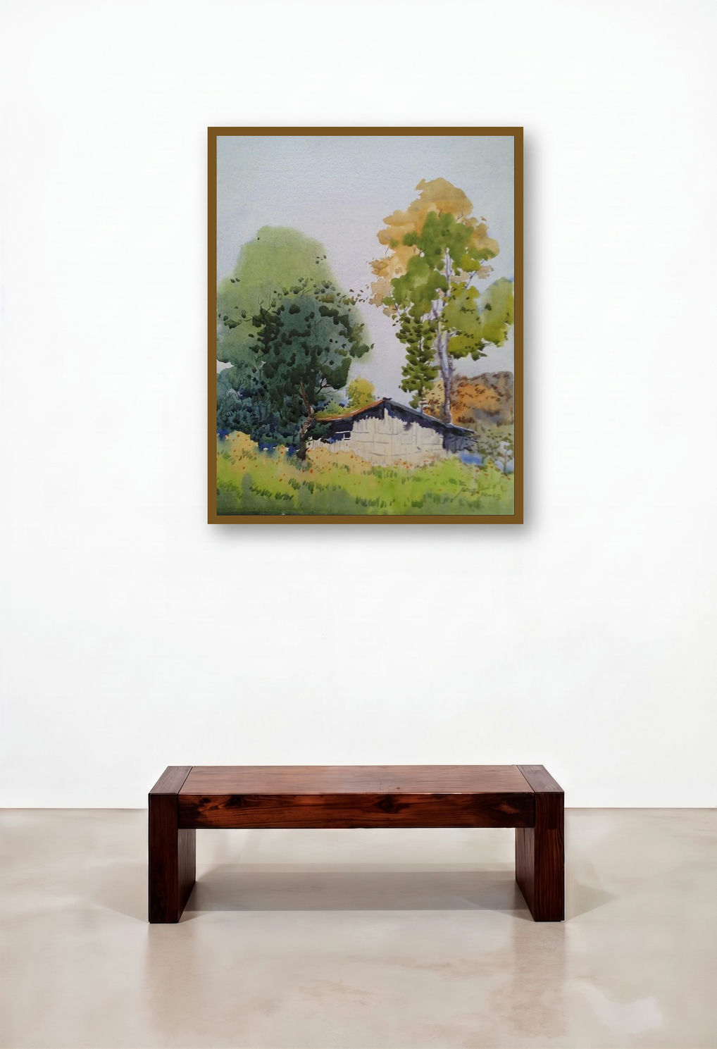 Landscape 10 (Cottage in the Meadow Watercolor Painting) by artist Surendra Jagtap displayed in a Industrial Penthouse