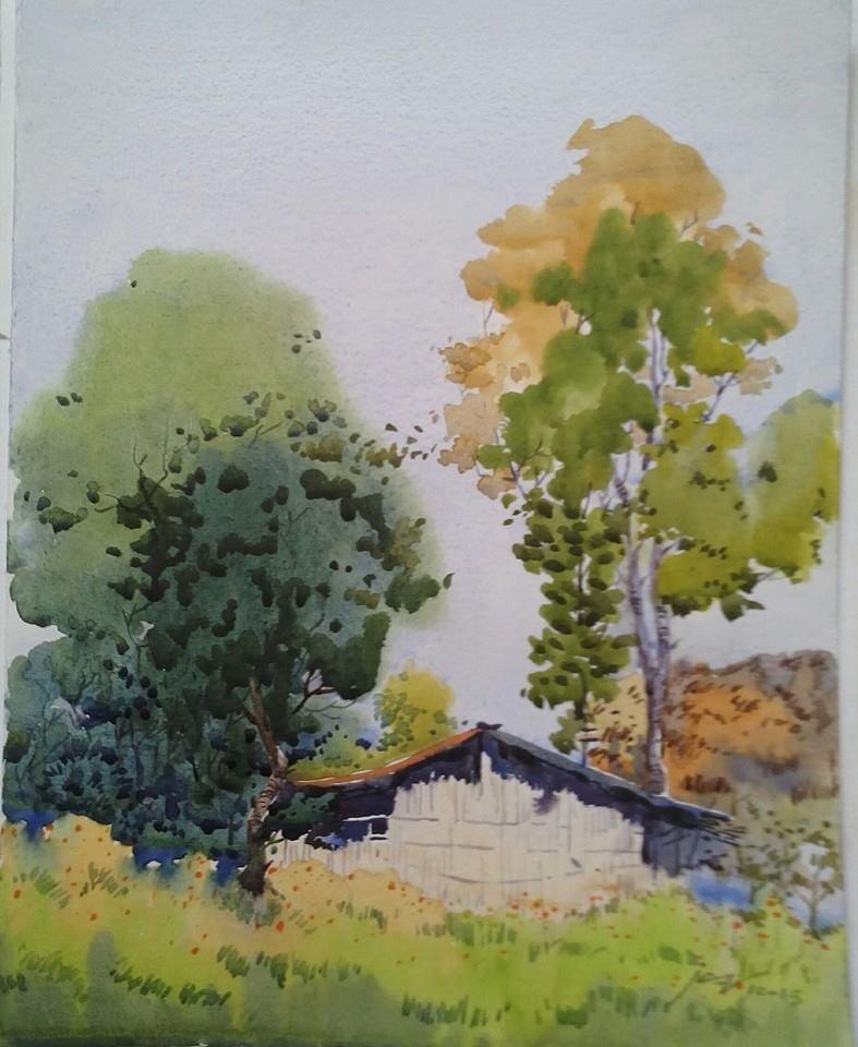 Nature watercolor painting titled 'Landscape 10', 11x14 inches, by artist Surendra Jagtap on Paper