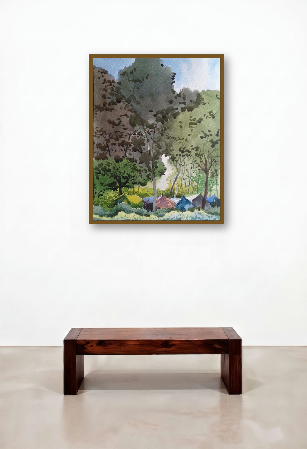 Landscape 11 (Forest Camp Watercolor Painting) by artist Surendra Jagtap displayed in a Rustic Bedroom
