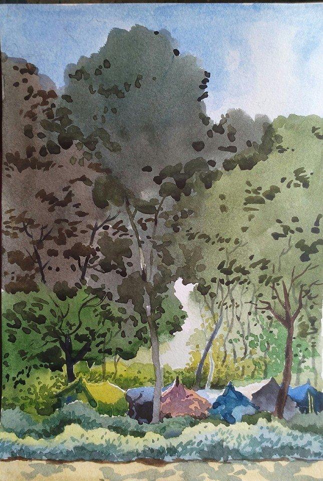 Nature watercolor painting titled 'Landscape 11', 11x14 inches, by artist Surendra Jagtap on Paper