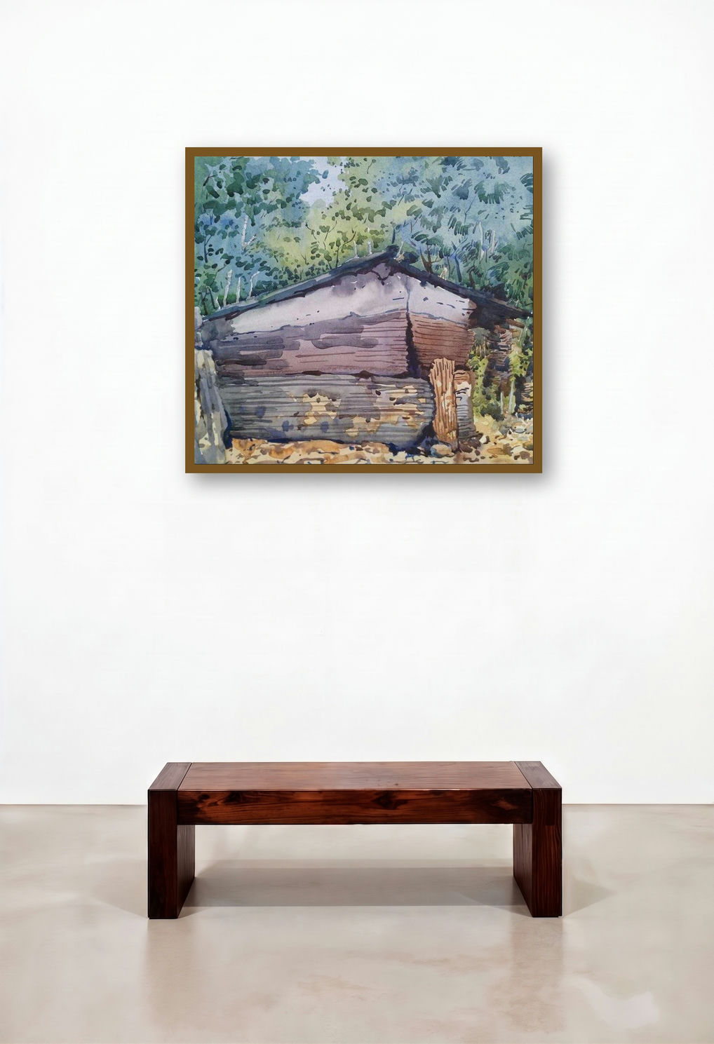 Landscape 13 (Rustic Cabin in a Forest Landscape) by artist Surendra Jagtap displayed in a Japandi Bedroom