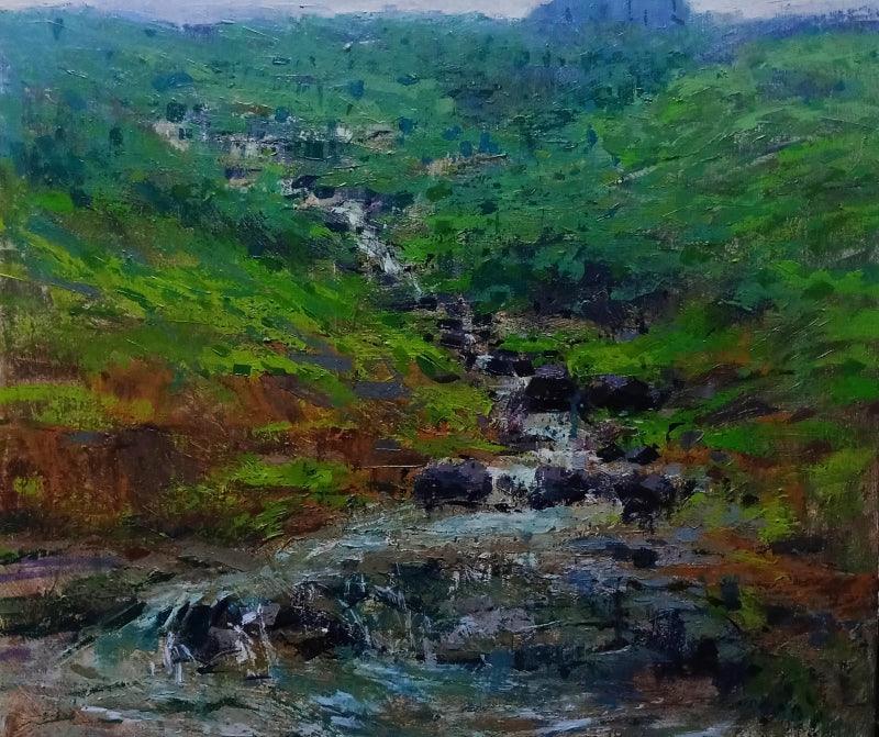 Nature acrylic painting titled 'Landscape 2', 18x18 inches, by artist Suresh Jangid on Canvas