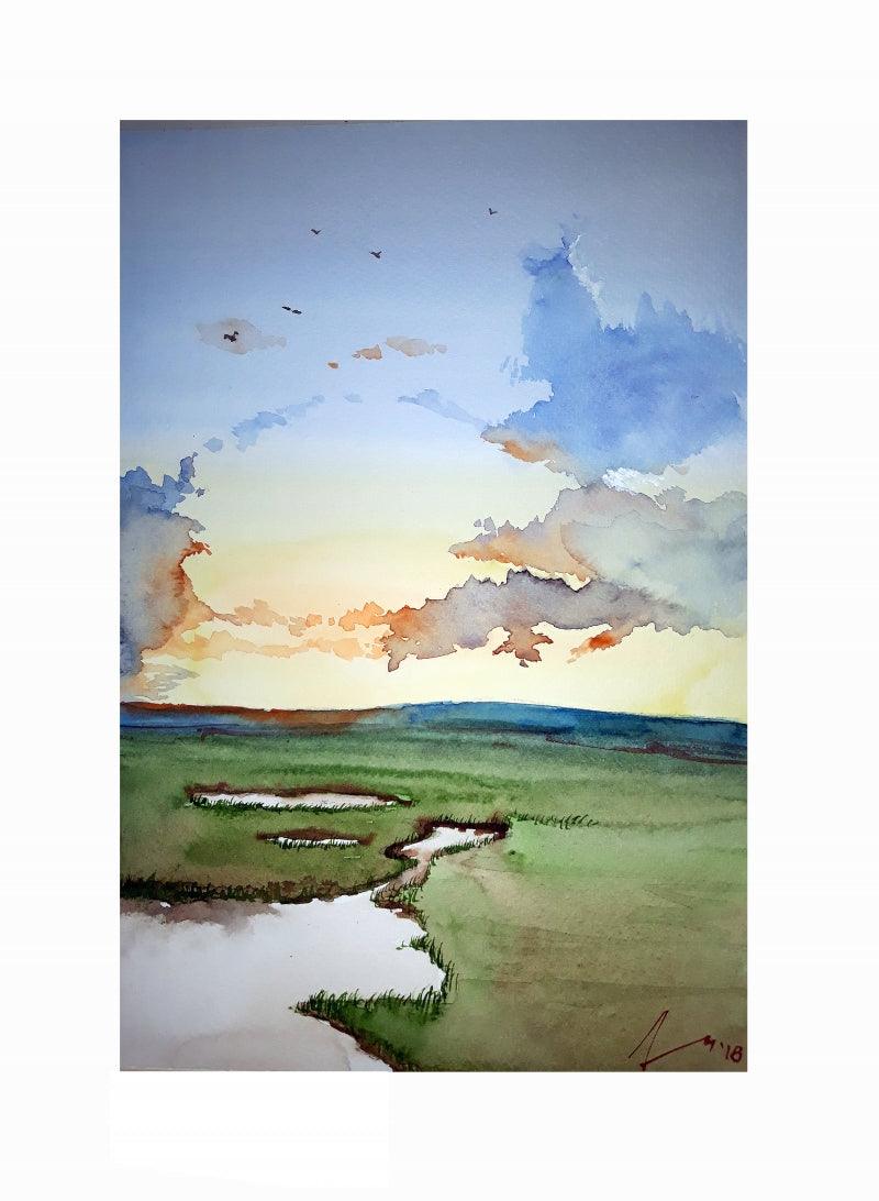 Cityscape watercolor painting titled 'Landscape 2', 11x7 inches, by artist Arunava Ray on Paper