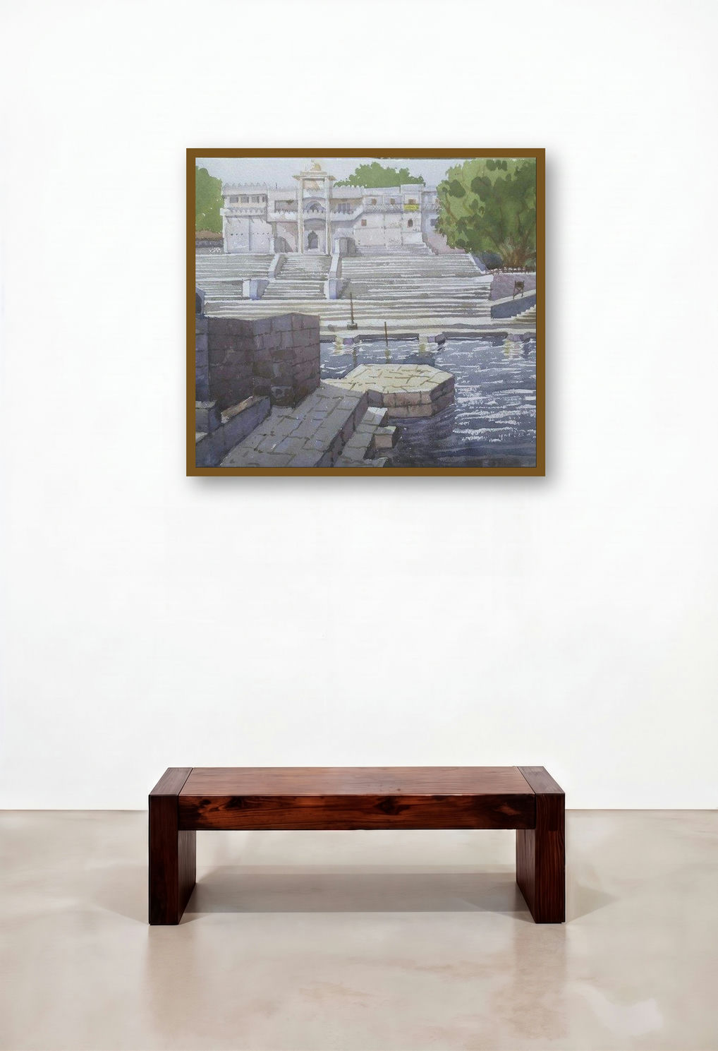 Landscape 3 (Historic Building Reflected in Lake) by artist Surendra Jagtap displayed in a Coastal Dining Room