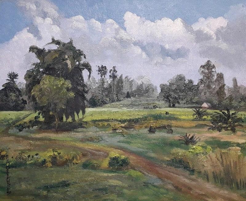 Landscape oil painting titled 'Landscape 3', 10x12 inches, by artist Pabitra Kundu on Canvas Board