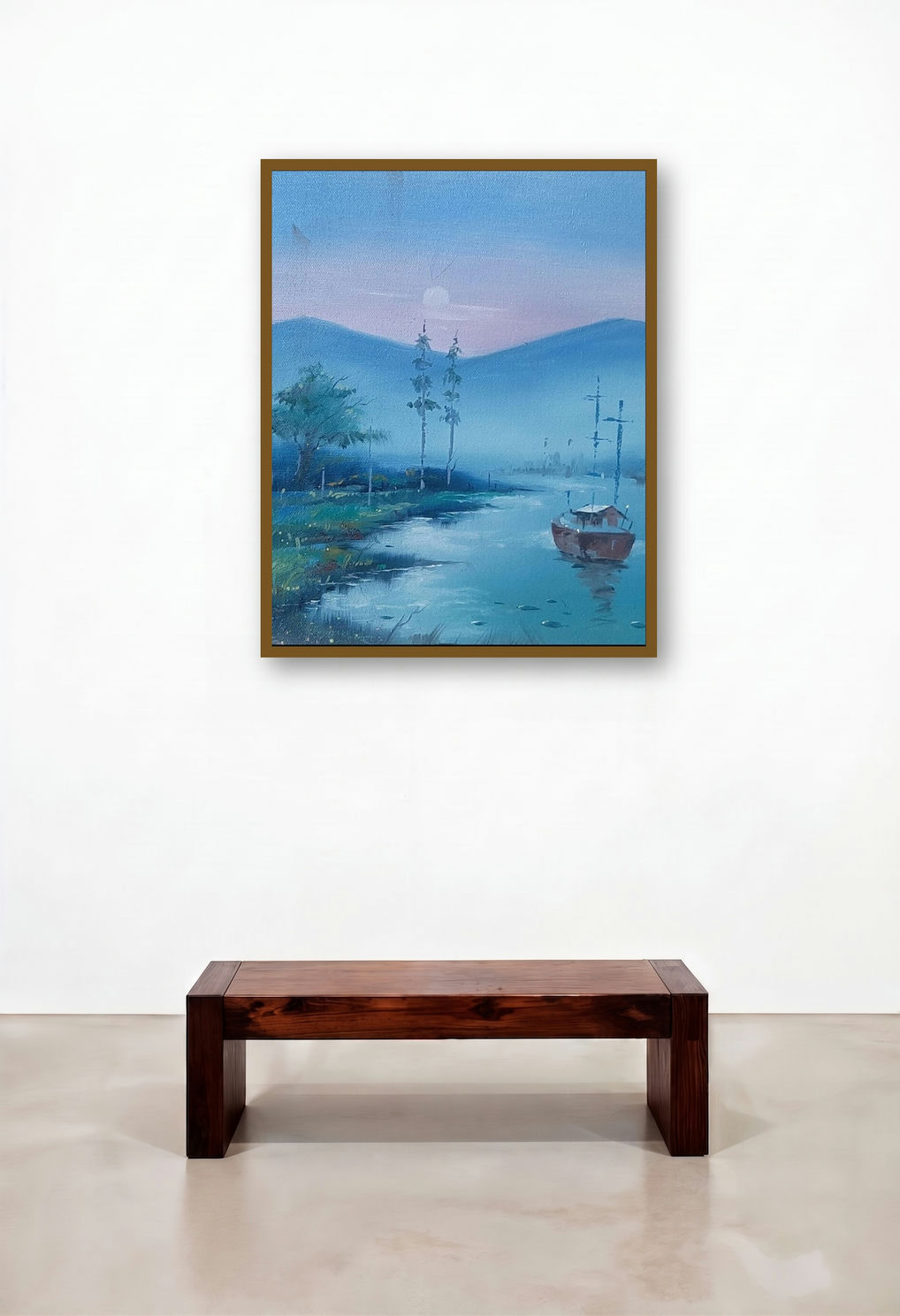 Landscape 4 (Twilight Tranquility) by artist Shankar Zunjarrao displayed in a Rustic Bedroom