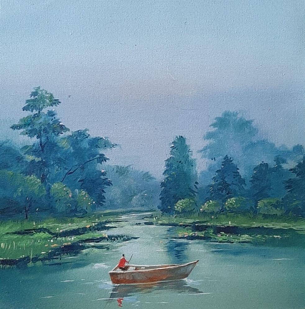 Landscape oil painting titled 'Landscape 5', 12x12 inches, by artist Shankar Zunjarrao on Canvas