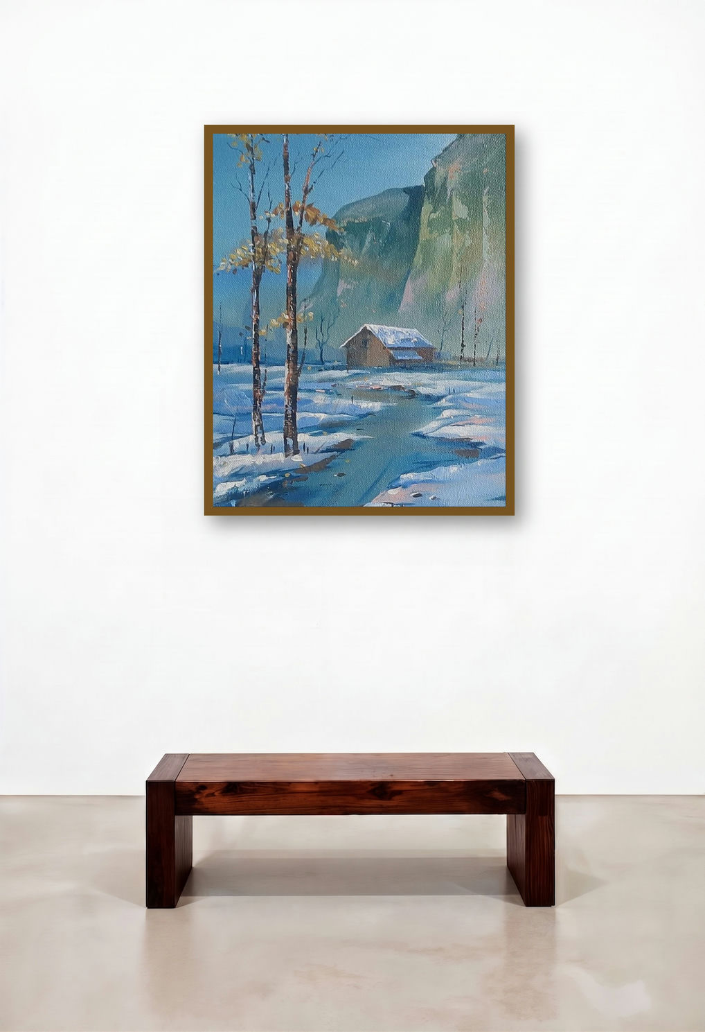 Landscape 6 (Snowy Solitude) by artist Shankar Zunjarrao displayed in a Classic Living Room