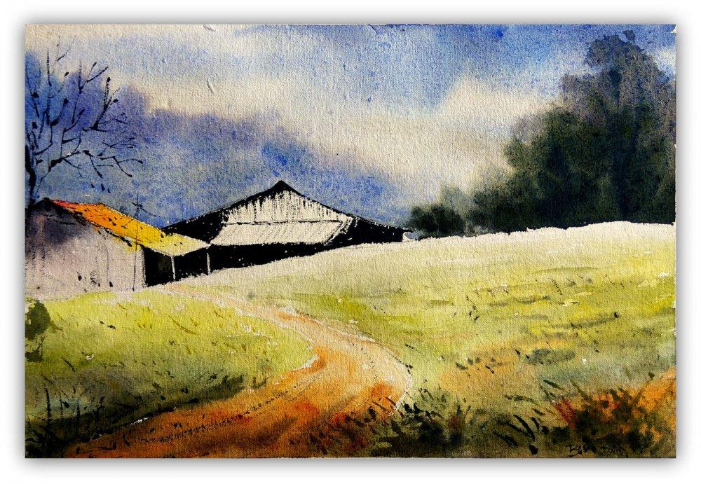 Landscape watercolor painting titled 'Landscape', 8x11 inches, by artist Biki Das on Paper