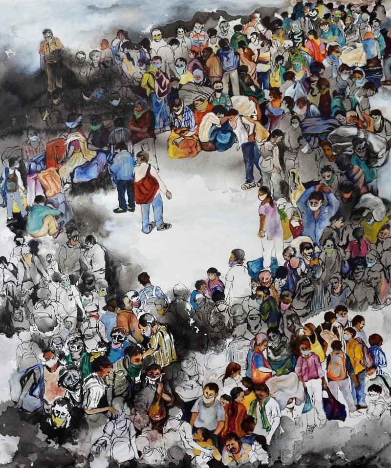 Figurative mixed media painting titled 'Landscape', 36x30 inches, by artist Raka Panda on Canvas