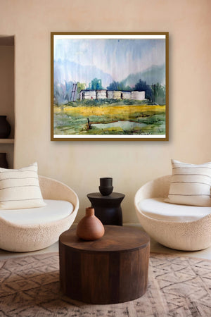 Landscape (Rural Abode) by artist Biki Das displayed in a Curated gallery