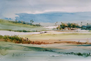 Landscape watercolor painting titled 'Landscape', 22x15 inches, by artist Prasanta Maiti on Paper