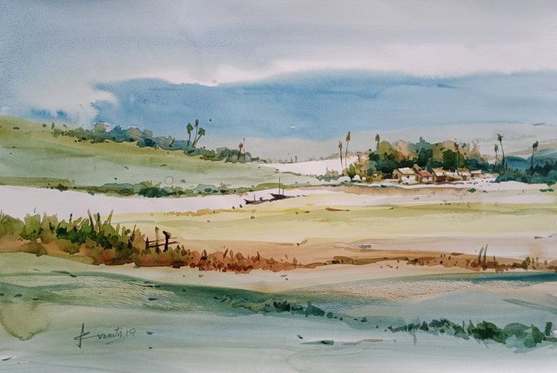 Landscape watercolor painting titled 'Landscape', 22x15 inches, by artist Prasanta Maiti on Paper