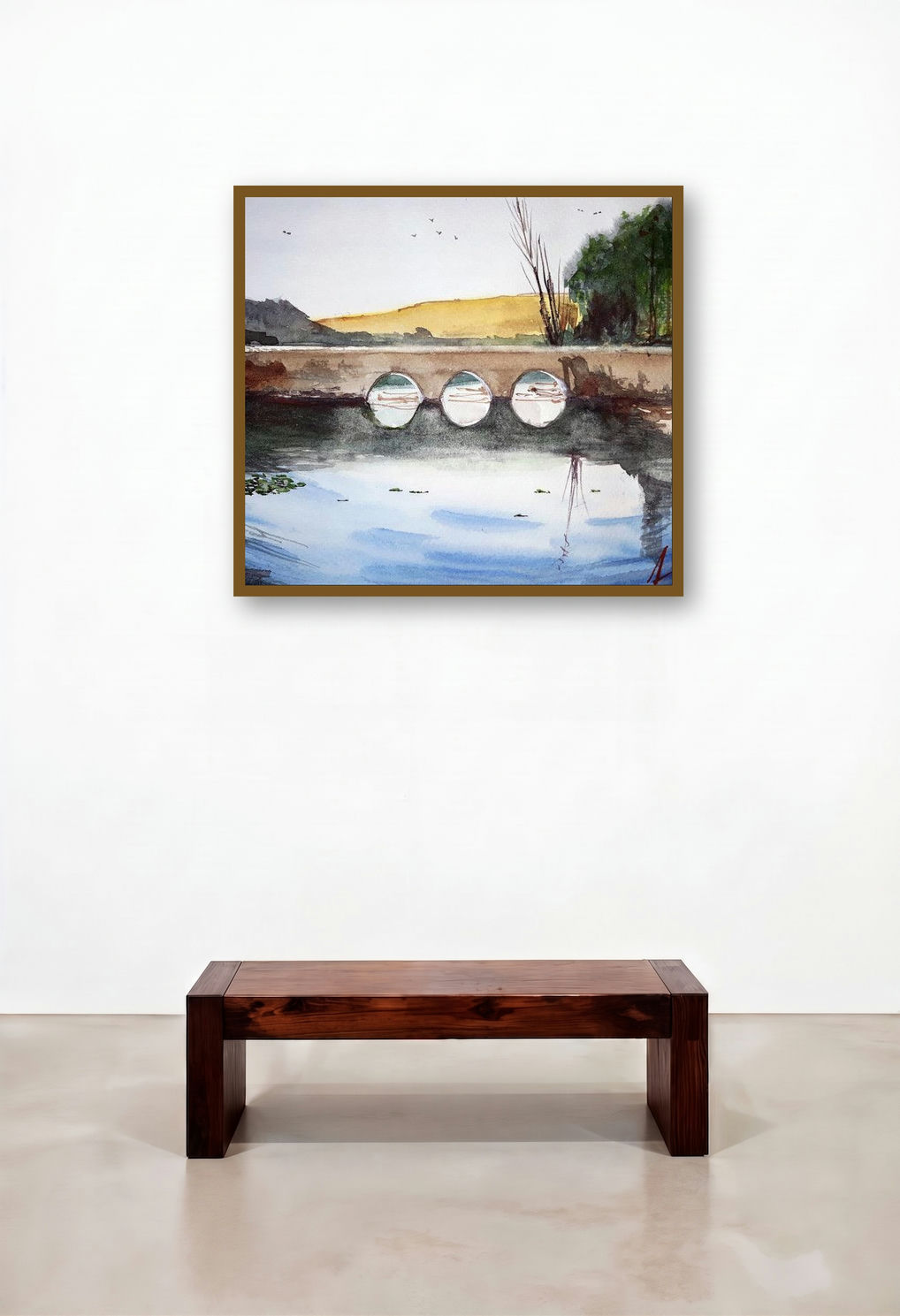 Landscape (Serene Bridge) by artist Arunava Ray displayed in a Rustic Hallway
