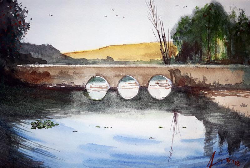 Cityscape watercolor painting titled 'Landscape', 8x11 inches, by artist Arunava Ray on Paper