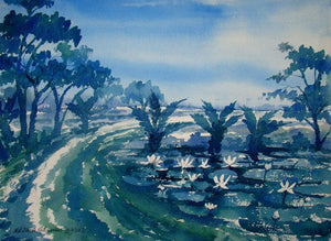 Landscape (Tranquil Waterside) by Jiaur Rahman, Original Watercolor Landscape Painting on Paper, Small Horizontal Wall Art