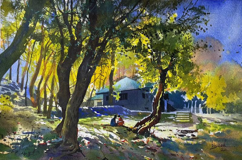 Landscape watercolor painting titled 'Landscape', 14x20 inches, by artist Bijay Biswaal on Paper