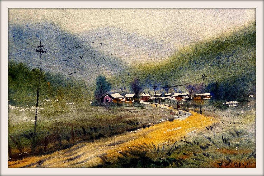 Landscape watercolor painting titled 'Landscape', 8x11 inches, by artist Biki Das on Paper