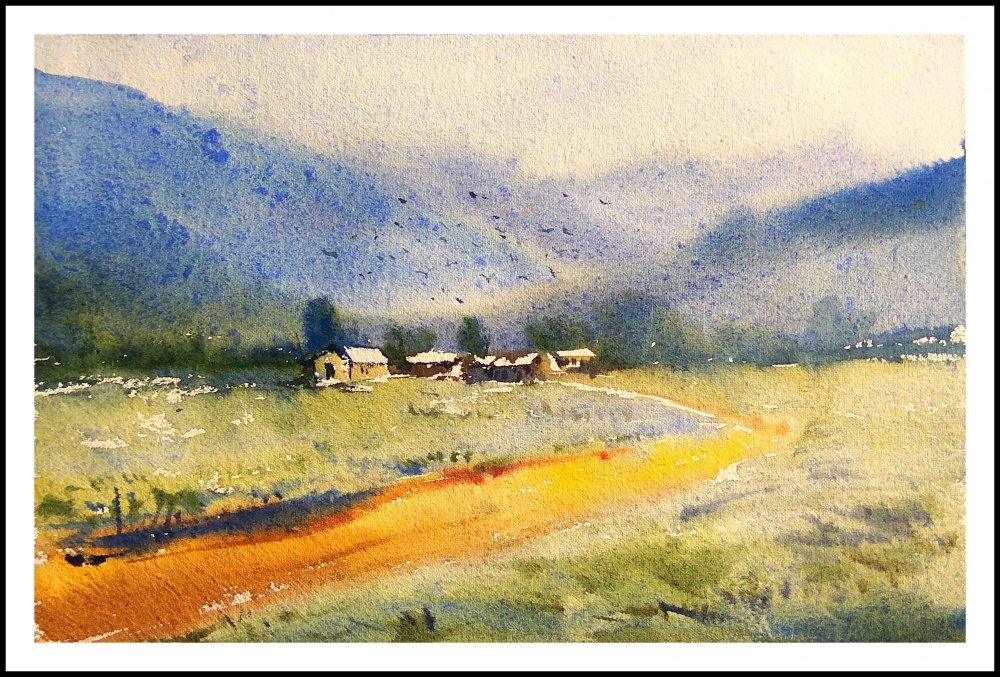 Landscape watercolor painting titled 'Landscape', 8x11 inches, by artist Biki Das on Paper
