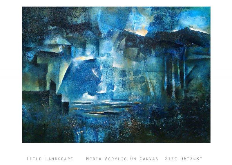 Abstract acrylic painting titled 'Landscape', 36x48 inches, by artist NIkHIl Patil on Canvas Board