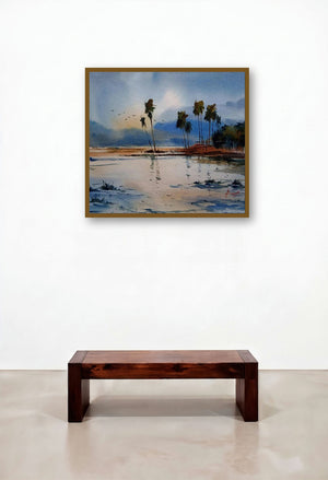 Landscape (A Tranquil Evening) by artist Prasanta Maiti displayed in a Rustic Lounge