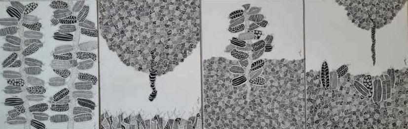 Landscape pen drawing titled 'Landscape', 16x48 inches, by artist Rama Krishna V on Canvas Board