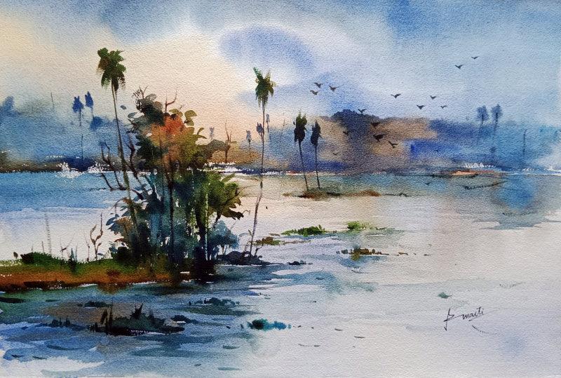 Landscape watercolor painting titled 'Landscape', 22x15 inches, by artist Prasanta Maiti on Paper