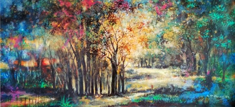 Nature mixed media painting titled 'Landscape', 15x30 inches, by artist N P Pandey on Canvas