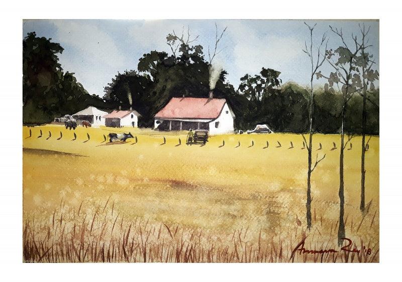 Cityscape watercolor painting titled 'Landscape', 7x11 inches, by artist Arunava Ray on Paper