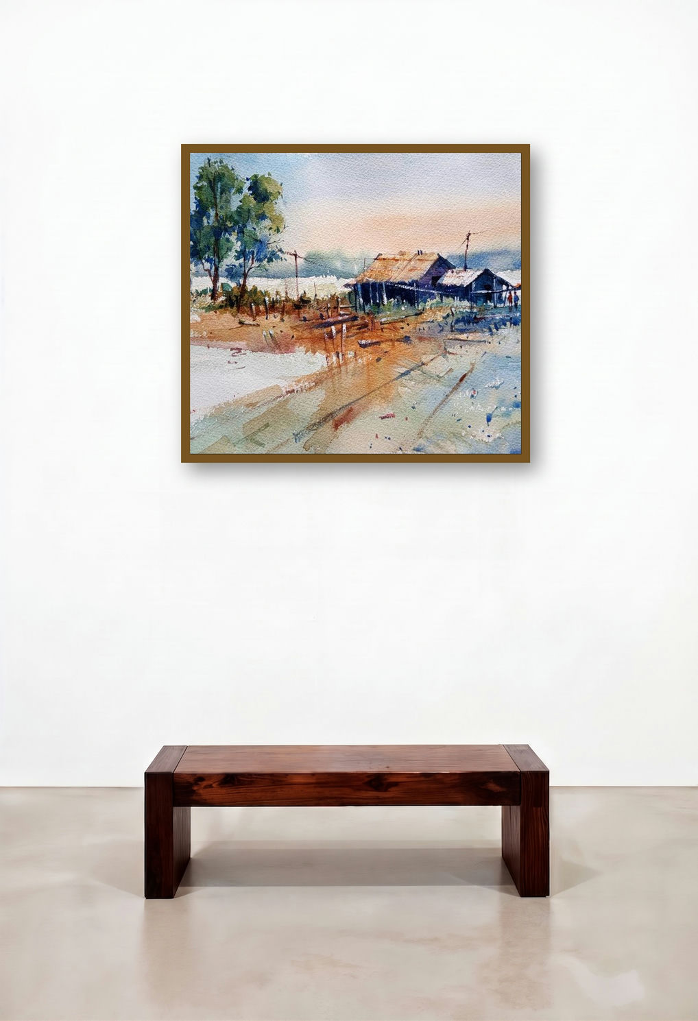 Landscape (Rural Serenity) by artist Prasanta Maiti displayed in a Contemporary Hotel Lobby