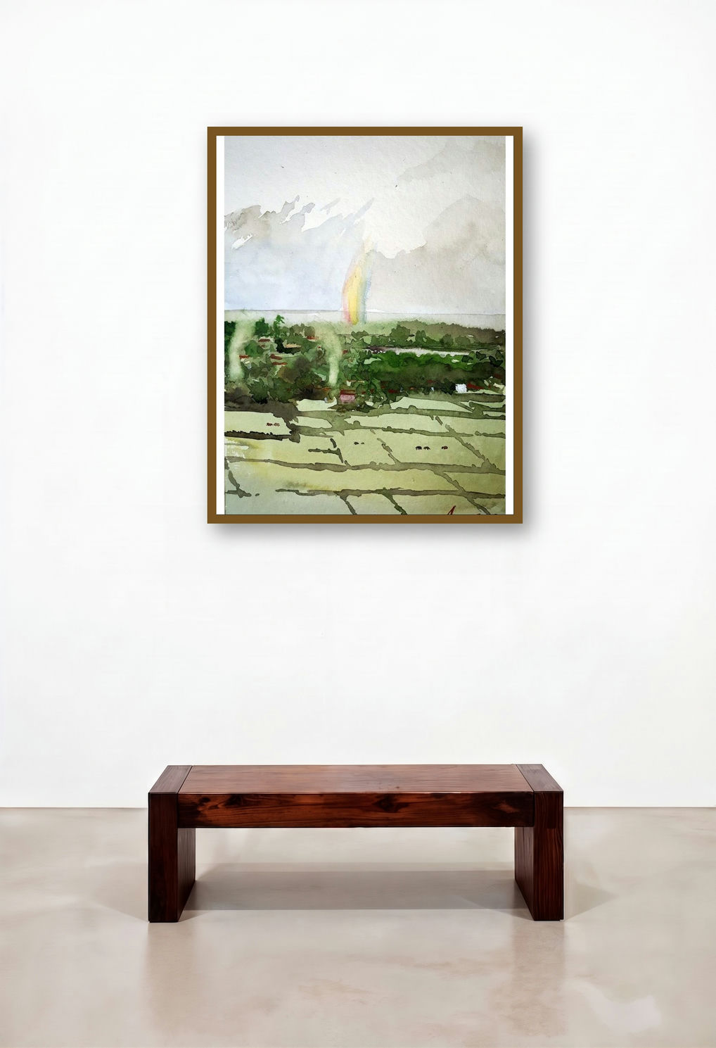 Landscape (Rural Serenity with a Rainbow) by artist Arunava Ray displayed in a Japandi Hallway