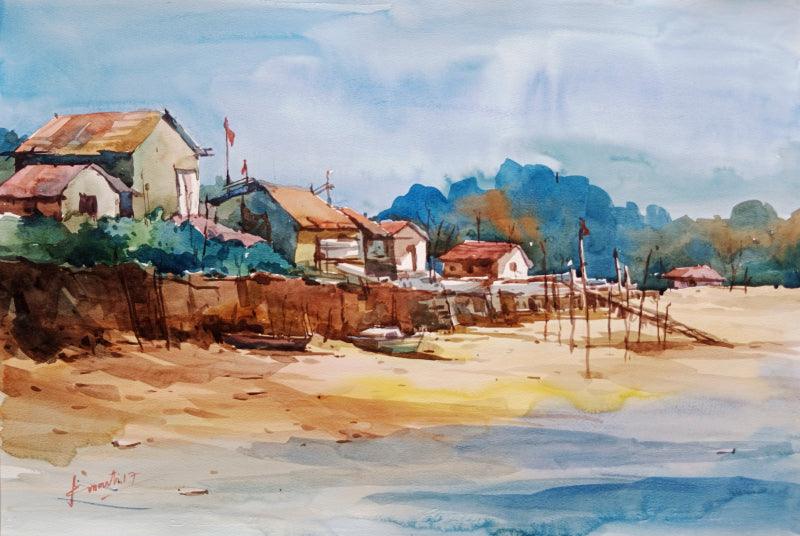 Landscape watercolor painting titled 'Landscape', 22x15 inches, by artist Prasanta Maiti on Paper