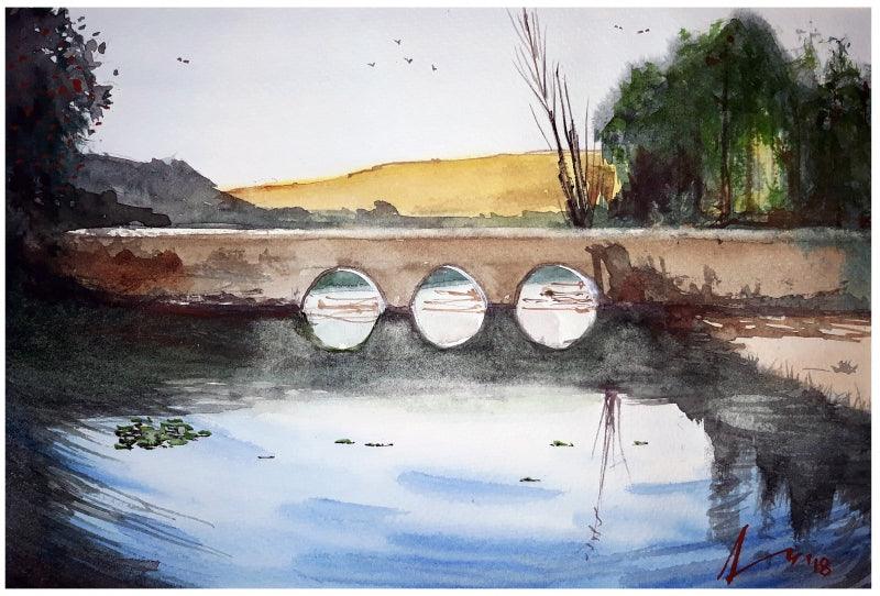 Cityscape watercolor painting titled 'Landscape', 7x11 inches, by artist Arunava Ray on Paper