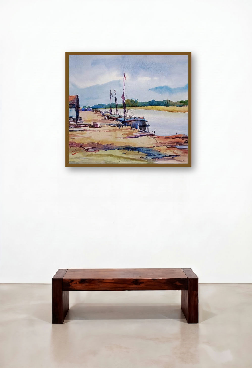 Landscape (A Peaceful Riverside) by artist Prasanta Maiti displayed in a Urban Loft Living Room