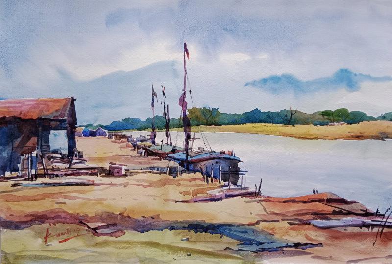 Landscape watercolor painting titled 'Landscape', 22x15 inches, by artist Prasanta Maiti on Paper