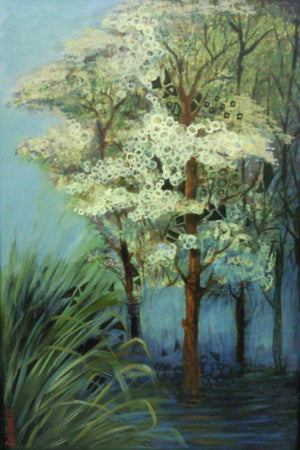 Landscape Ii (Ephemeral Blossoms) by Devirani Dasgupta, Original Acrylic Landscape Painting on Canvas, Medium Vertical Wall Art