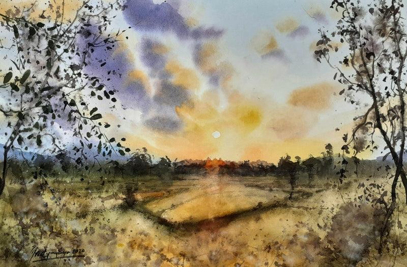 Landscape watercolor painting titled 'Landscape Odisha', 16x12 inches, by artist Mrutyunjaya Dash on paper