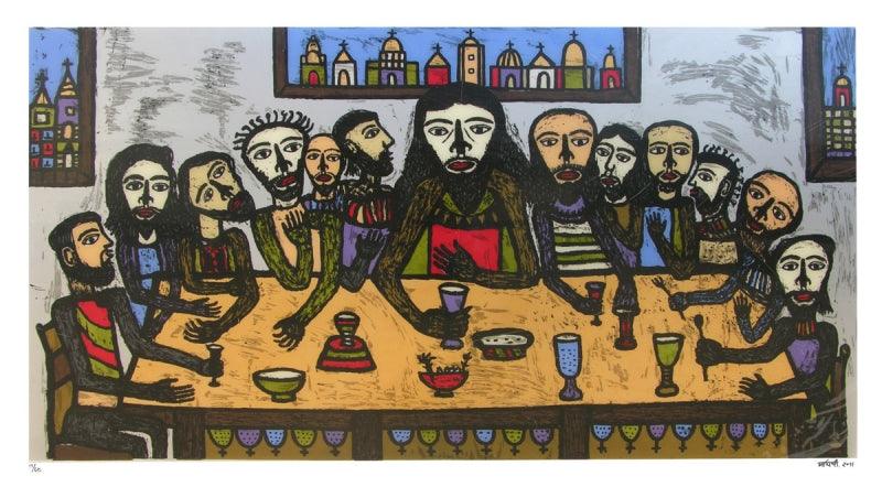 Religious reverse serigraph painting titled 'Last Supper', 40x72 inches, by artist Madhvi Parekh on Acrylic